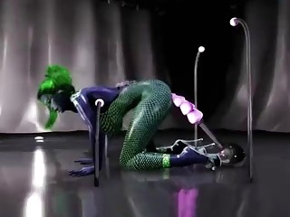Green-haired futanari chick takes  a huge dildo inside her hole